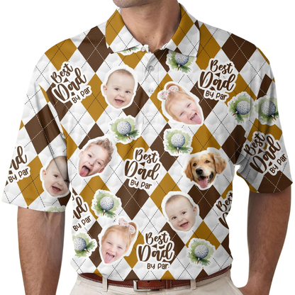 Best Dad By Par Custom Kid And Pet Faces Argyle Golf Polo Shirt Men, Custom Father's Day Golf Shirt For Dad With Phot GE0450