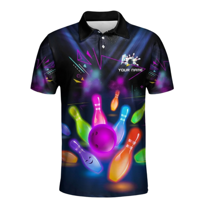 Custom Team Neon Ball Pin Bowling Men's Polo Shirts, Custom Team Neon Bowling Shirts BZ1044