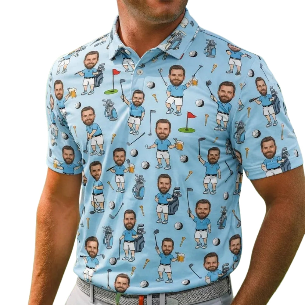 Custom Funny Face Golf Polo Shirt For Men Blue, Custom Photo Golf Shirts GE0385