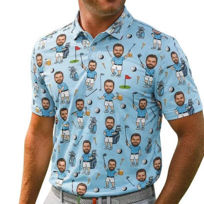 Custom Funny Face Golf Polo Shirt For Men Blue, Custom Photo Golf Shirts GE0385