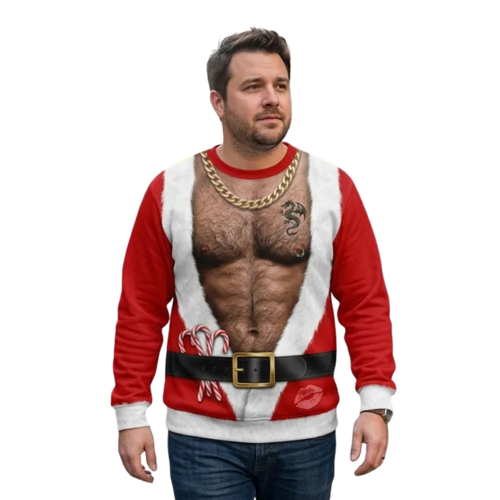 Santa Abs Hairy Chest Men's Sweatshirt 3D Printed, Funny Christmas Sweatshirt 2D1106