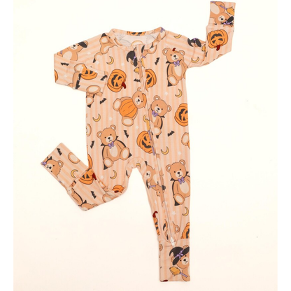 Pumpkin And Teddy Bear Halloween Baby Convertible Zipper Romper, Halloween Baby Romper Convertible BB0341