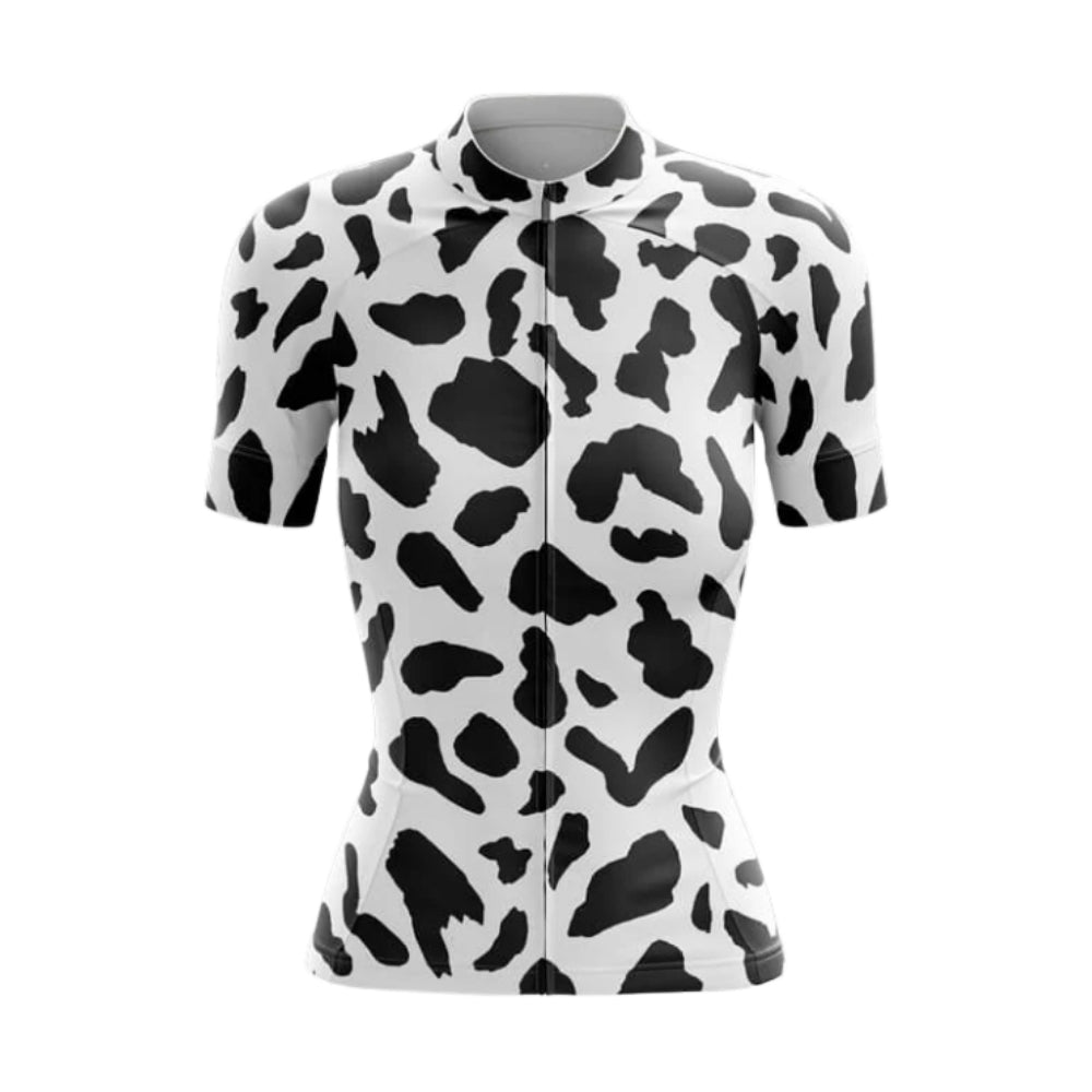 Black And White Cow Fur Women's Cycling Short Sleeve Jersey, Animal Print Cycling Jersey For Womens CE0037