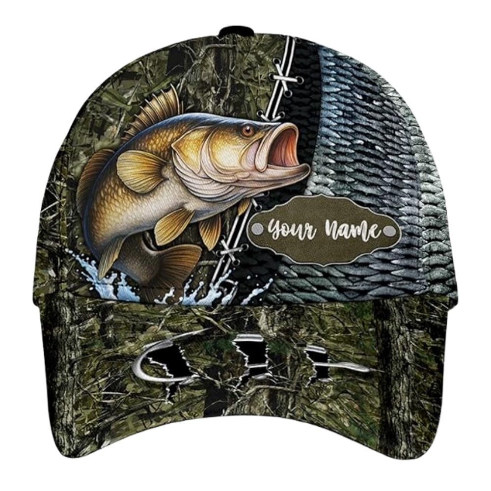 Custom Camo Bass Fishing Baseball Cap, Custom Fishing Lover 3D Printed Caps CP0240