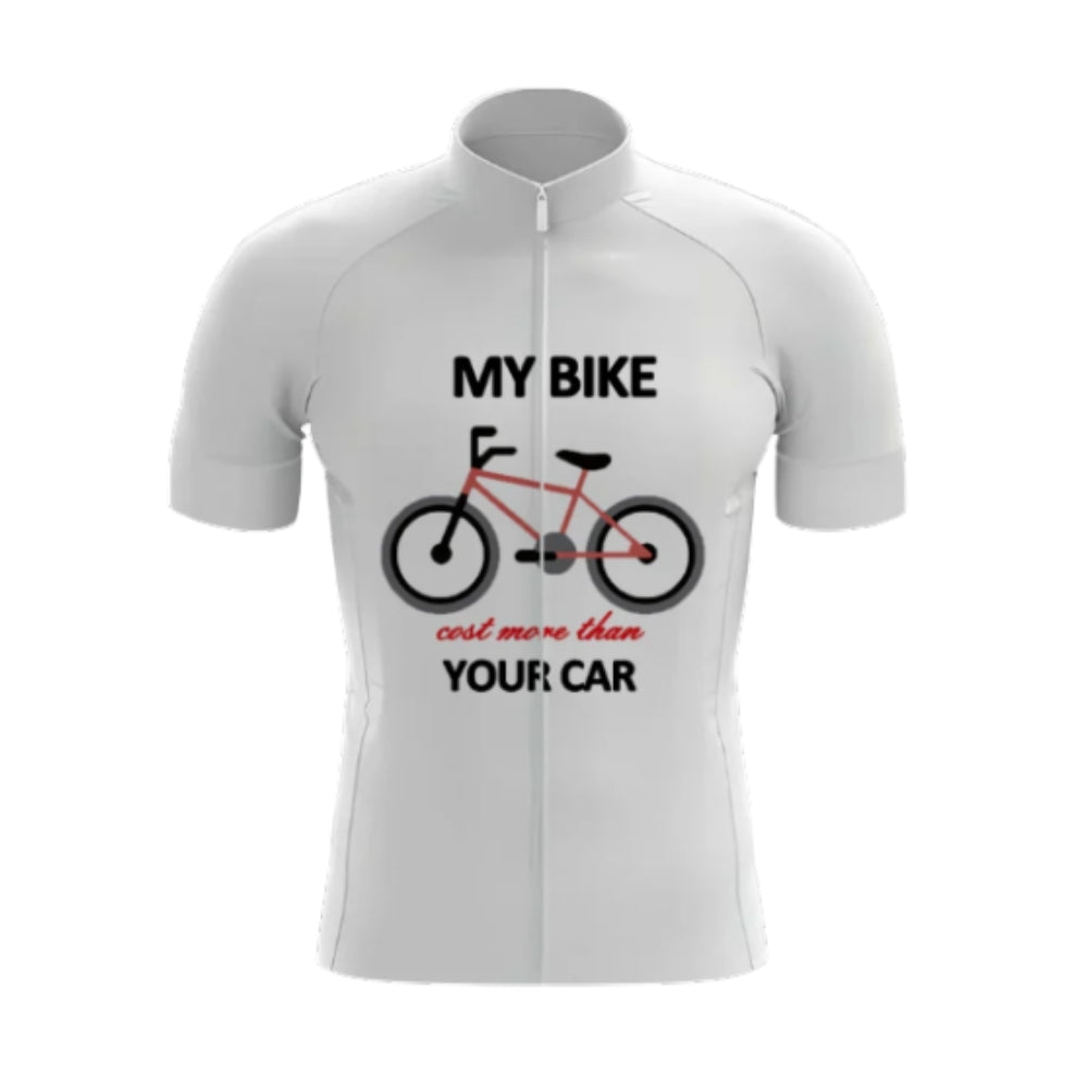 My Bike Cost More Than Your Car Men's White Short Sleeve Cycling Jersey, Funny Cycling Jerseys CG0667