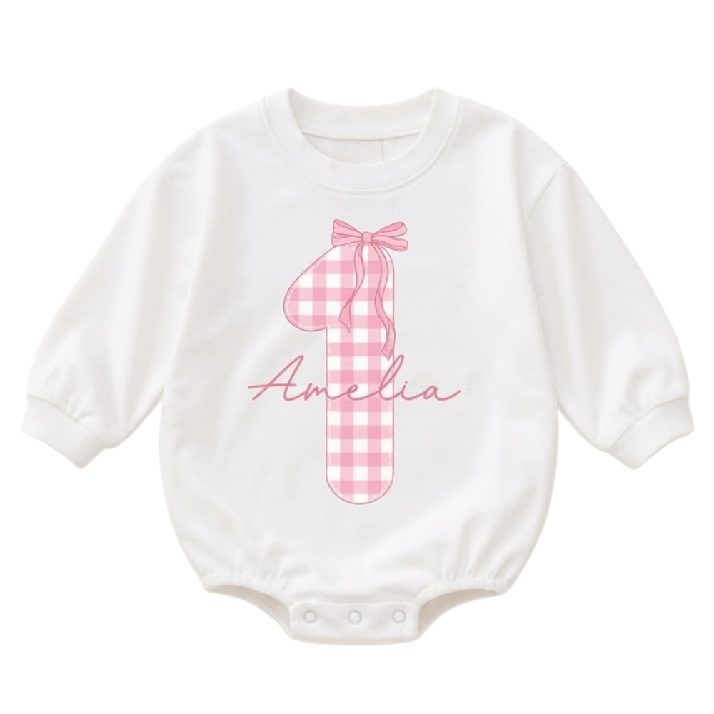 Custom One Pink Gingham Baby Romper Sweatshirt, Custom First Birthday Baby Girl Sweatshirt BB0873