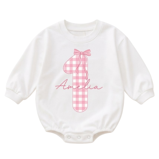 Custom One Pink Gingham Baby Romper Sweatshirt, Custom First Birthday Baby Girl Sweatshirt BB0873