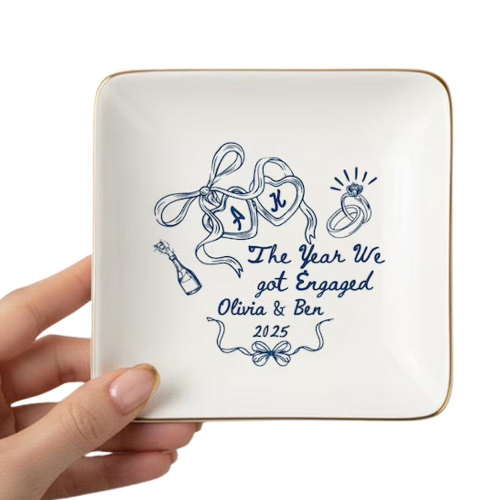 The Year We Got Engaged Personalized Wedding Engagement Ring Dish, Custom Engagement Wedding Jewelry Dish For Bride WD0174