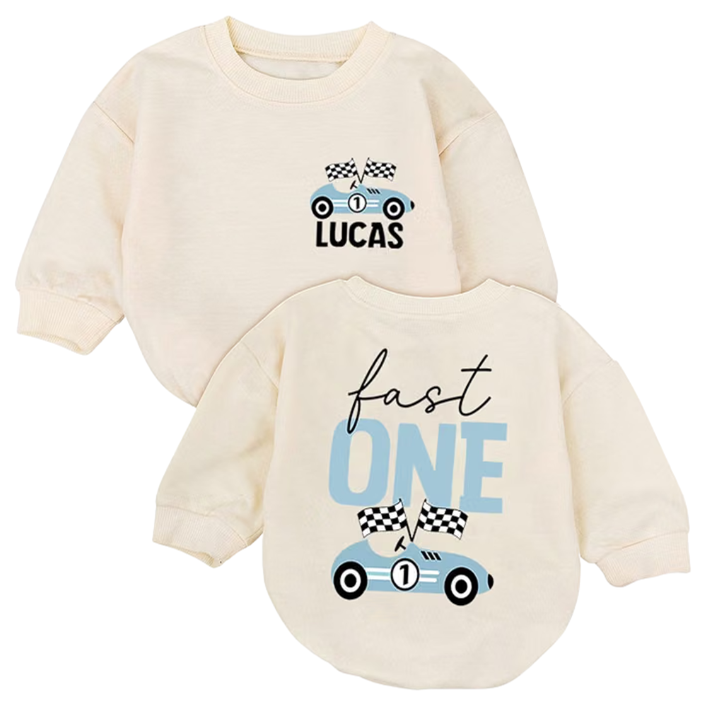 Custom Fast One Blue Car Baby Romper Swearshirt, Custom Racing First Brithday Romper Sweatshirt Baby BB0567
