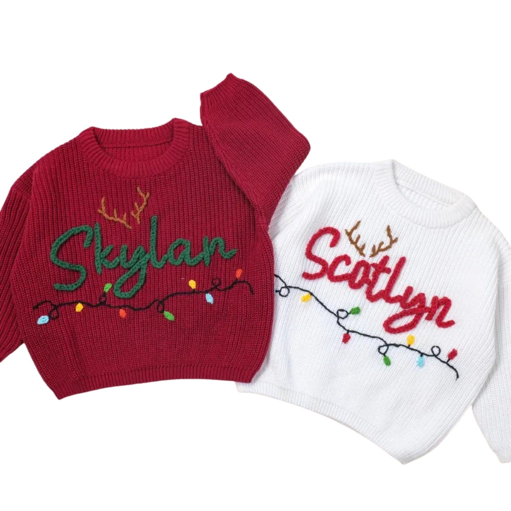 Christmas Light Custom Name Baby Embroidered Knit Sweater, Custom Christmas Sweatshirt For Baby BB0786