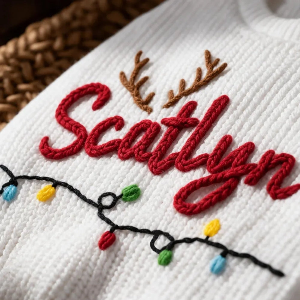 Christmas Light Custom Name Baby Embroidered Knit Sweater, Custom Christmas Sweatshirt For Baby BB0786