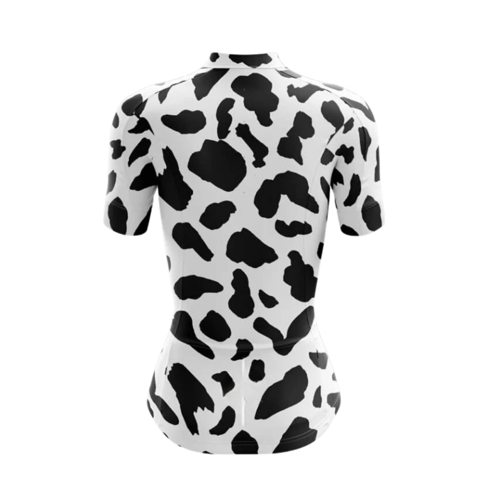 Black And White Cow Fur Women's Cycling Short Sleeve Jersey, Animal Print Cycling Jersey For Womens CE0037