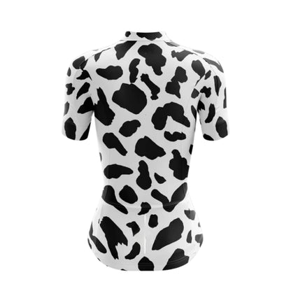 Black And White Cow Fur Women's Cycling Short Sleeve Jersey, Animal Print Cycling Jersey For Womens CE0037