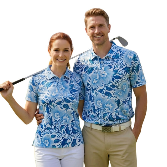 Blue Tropical Matching Golf Polo Shirt For Men And Women, Tropical Couple Matching Golf Shirts GE0415