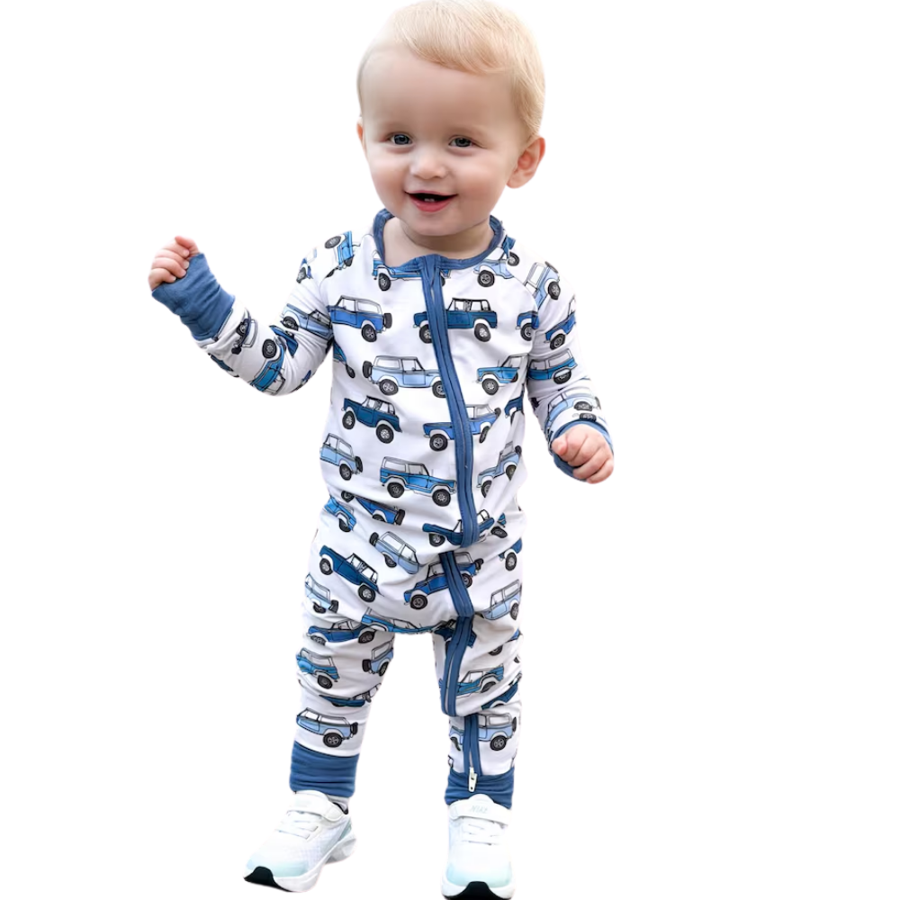 Blue Car Baby Convertible Zipper Romper, Baby Car Lover Convertible Romper BB0340