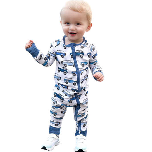 Blue Car Baby Convertible Zipper Romper, Baby Car Lover Convertible Romper BB0340