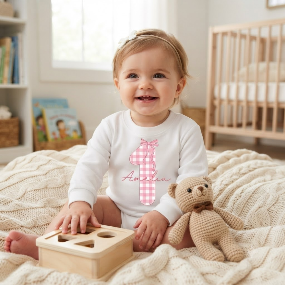 Custom One Pink Gingham Baby Romper Sweatshirt, Custom First Birthday Baby Girl Sweatshirt BB0873