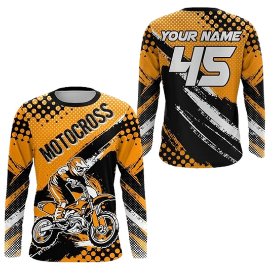 Personalized Motocross Black Orange Long Sleeve Jersey For Men, Custom Name Number Dirt Bike Shirts MZ0087