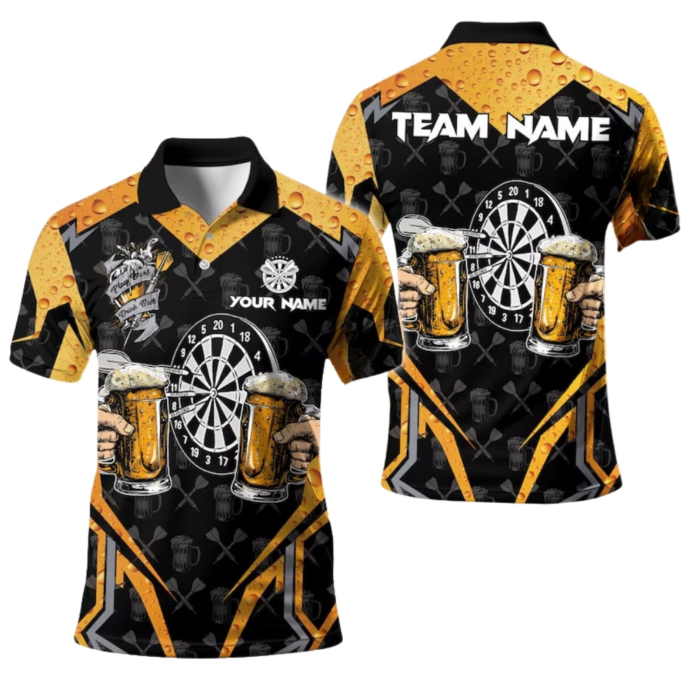 Custom Beer And Darts Polo Shirts For Men, Custom Beer Black And Yellow Darts Team Shirts DE0046