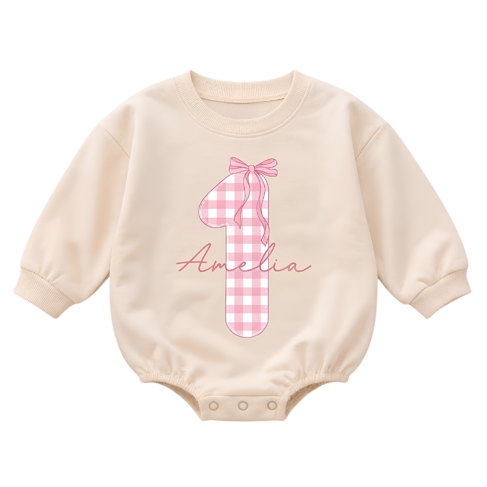 Custom One Pink Gingham Baby Romper Sweatshirt, Custom First Birthday Baby Girl Sweatshirt BB0873