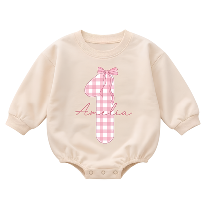 Custom One Pink Gingham Baby Romper Sweatshirt, Custom First Birthday Baby Girl Sweatshirt BB0873
