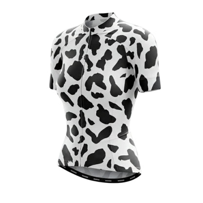 Black And White Cow Fur Women's Cycling Short Sleeve Jersey, Animal Print Cycling Jersey For Womens CE0037