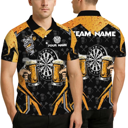Custom Beer And Darts Polo Shirts For Men, Custom Beer Black And Yellow Darts Team Shirts DE0046