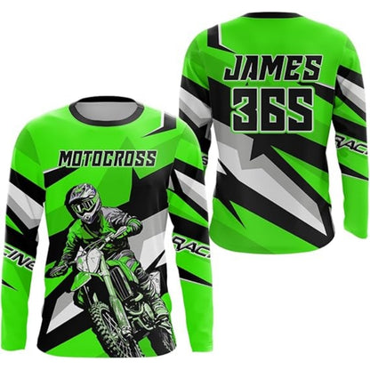 Custom Mens Green Motocross Racing Long Sleeve Jersey Shirts, Personalised MX Jersey MZ0012