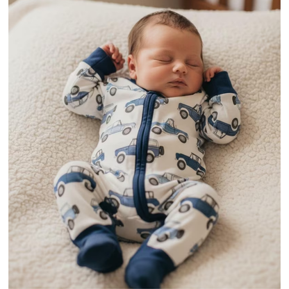 Blue Car Baby Convertible Zipper Romper, Baby Car Lover Convertible Romper BB0340