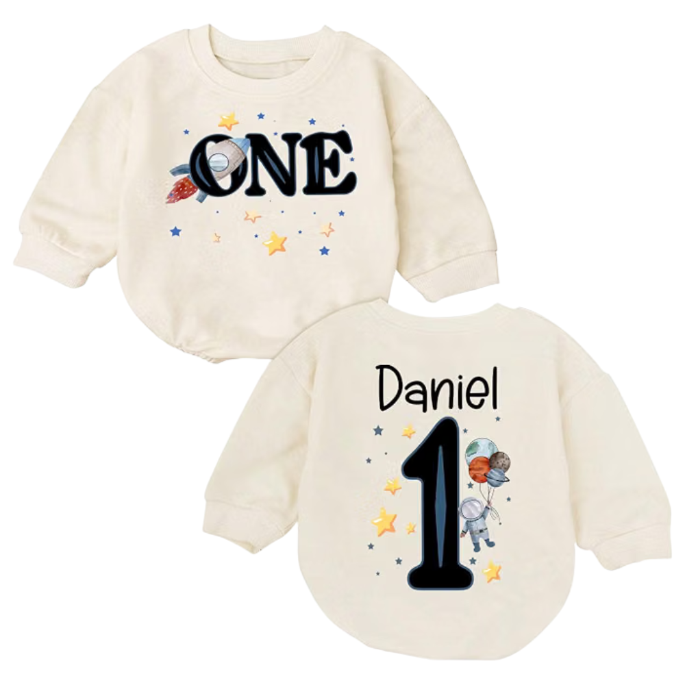 Astronaut One Custom 1st Birthday Baby Romper Sweatshirt, Custom First Birthday Space Baby Romper Sweater BB0569