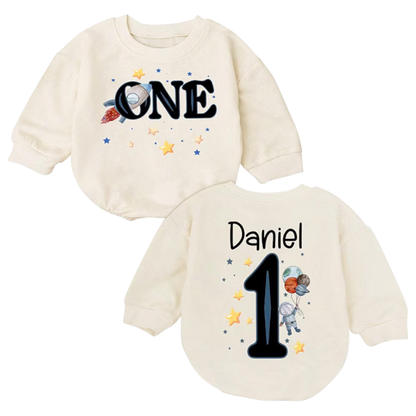 Astronaut One Custom 1st Birthday Baby Romper Sweatshirt, Custom First Birthday Space Baby Romper Sweater BB0569