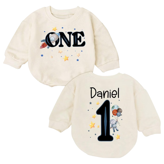 Astronaut One Custom 1st Birthday Baby Romper Sweatshirt, Custom First Birthday Space Baby Romper Sweater BB0569