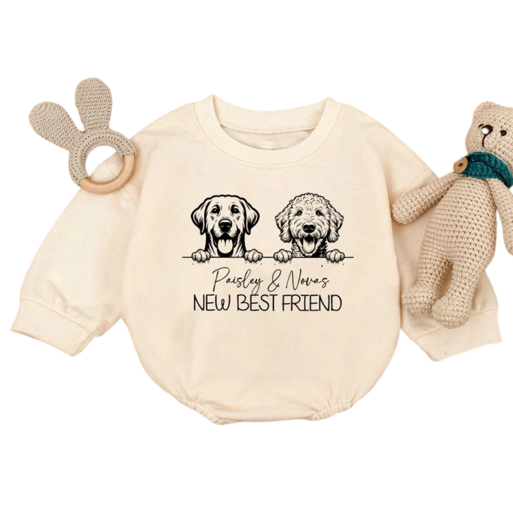 New Best Friend Custom Dog Name Baby Romper Sweatshirt, Custom Dog Sweatshirt Romper For Baby BB0452
