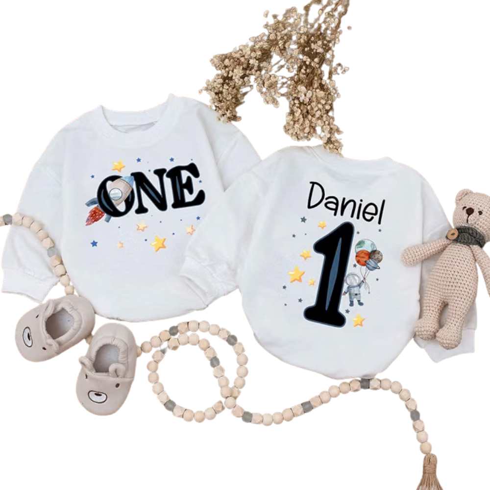 Astronaut One Custom 1st Birthday Baby Romper Sweatshirt, Custom First Birthday Space Baby Romper Sweater BB0569