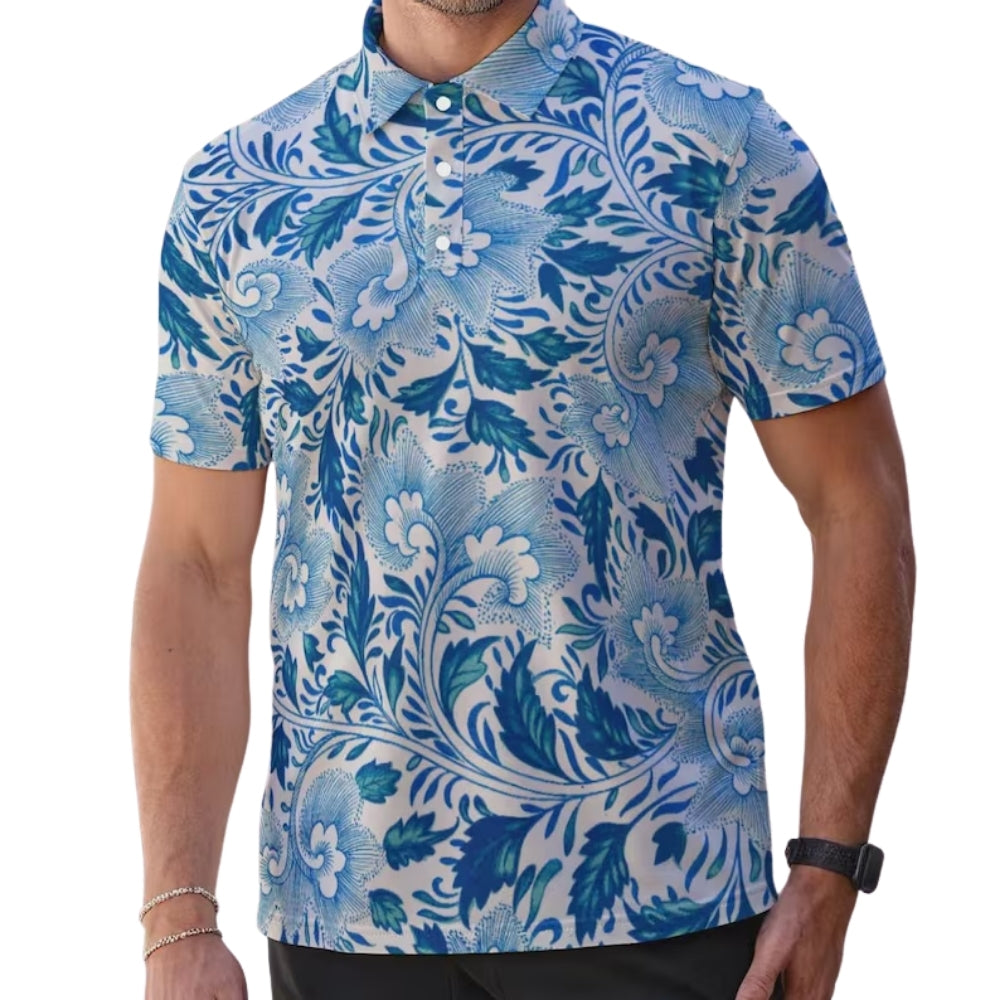 Blue Tropical Matching Golf Polo Shirt For Men And Women, Tropical Couple Matching Golf Shirts GE0415