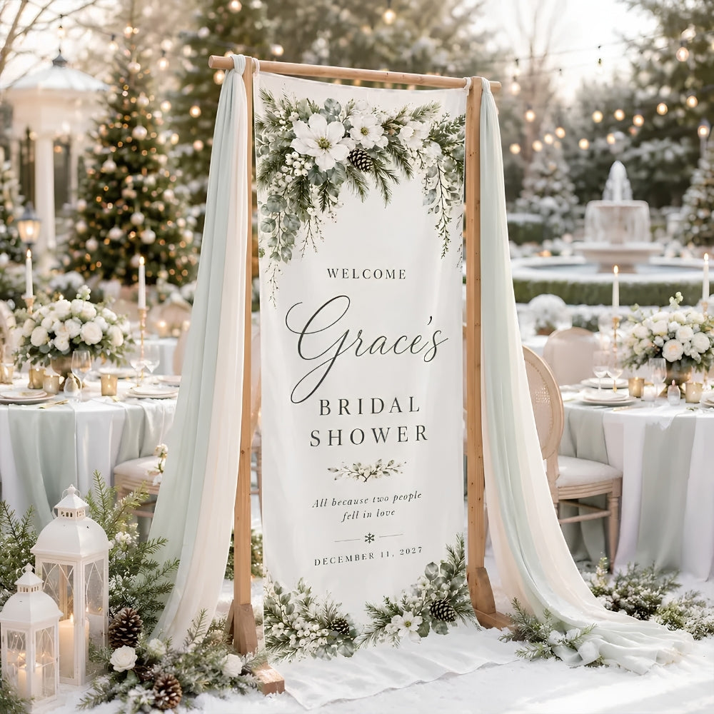 Evergreen Floral Custom Winter Wedding Welcome Banner, Personalized Wedding Winter Linen Welcome Sign WD0971