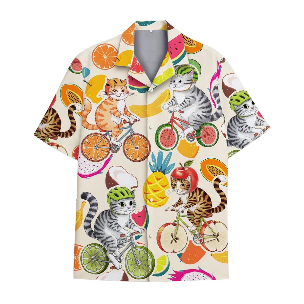 Funny Cat Bicycle Fruits Hawaiian Shirt For Men And Women, Cat Lover Hawaiian Shirts HE0343