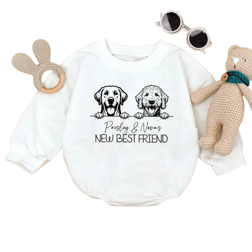 New Best Friend Custom Dog Name Baby Romper Sweatshirt, Custom Dog Sweatshirt Romper For Baby BB0452