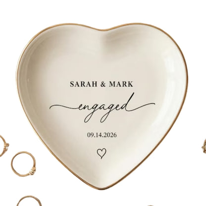 Custom Couple Name And Date Engagement Ring Dish For Bride, Personalized Engagement Wedding Favor Jewelry Dish WD0176