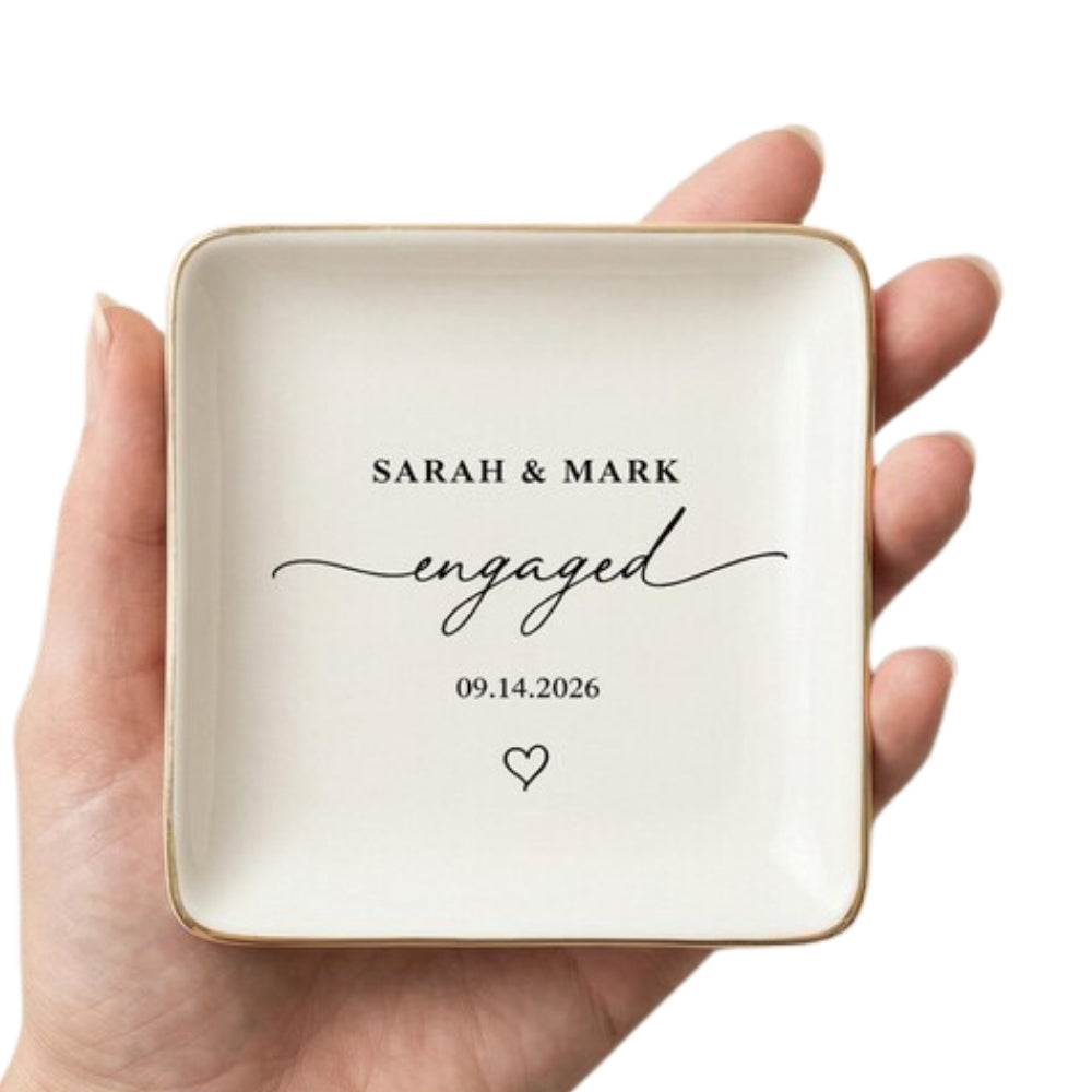 Custom Couple Name And Date Engagement Ring Dish For Bride, Personalized Engagement Wedding Favor Jewelry Dish WD0176