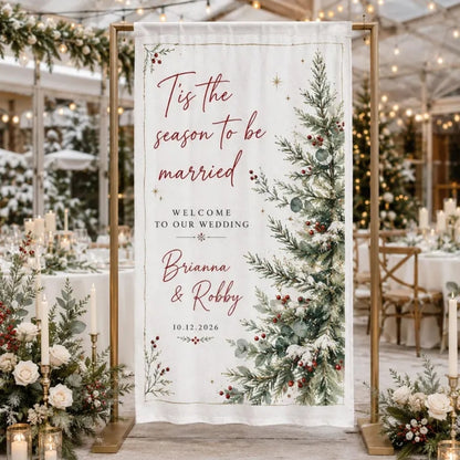 Personalized Christmas Wedding Linen Welcome Banner Tis The Season To Be Married, Custom Winter Wedding Welcome Sign WD0972