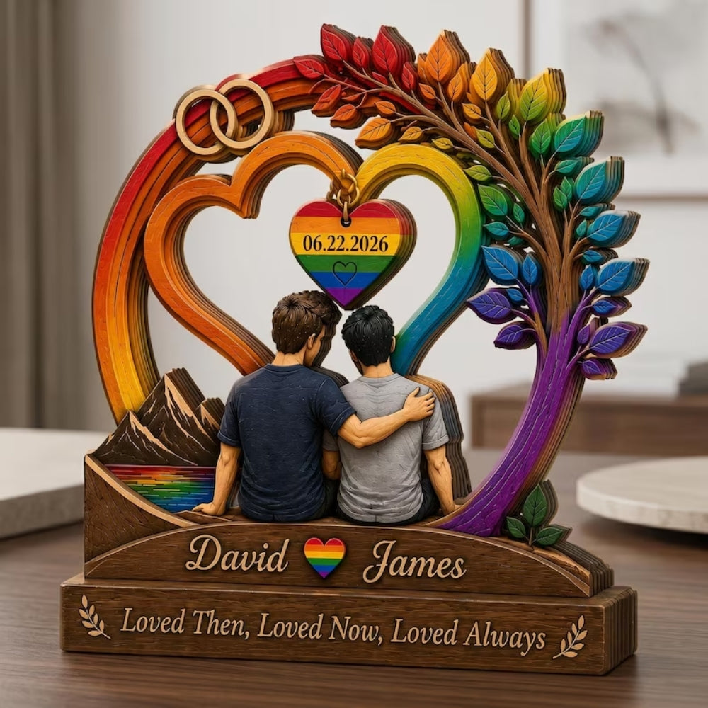 Custom Gay Couple Rainbow Tree Wooden Plaque, Custom LGBTQ Wedding Wooden Block WD0818