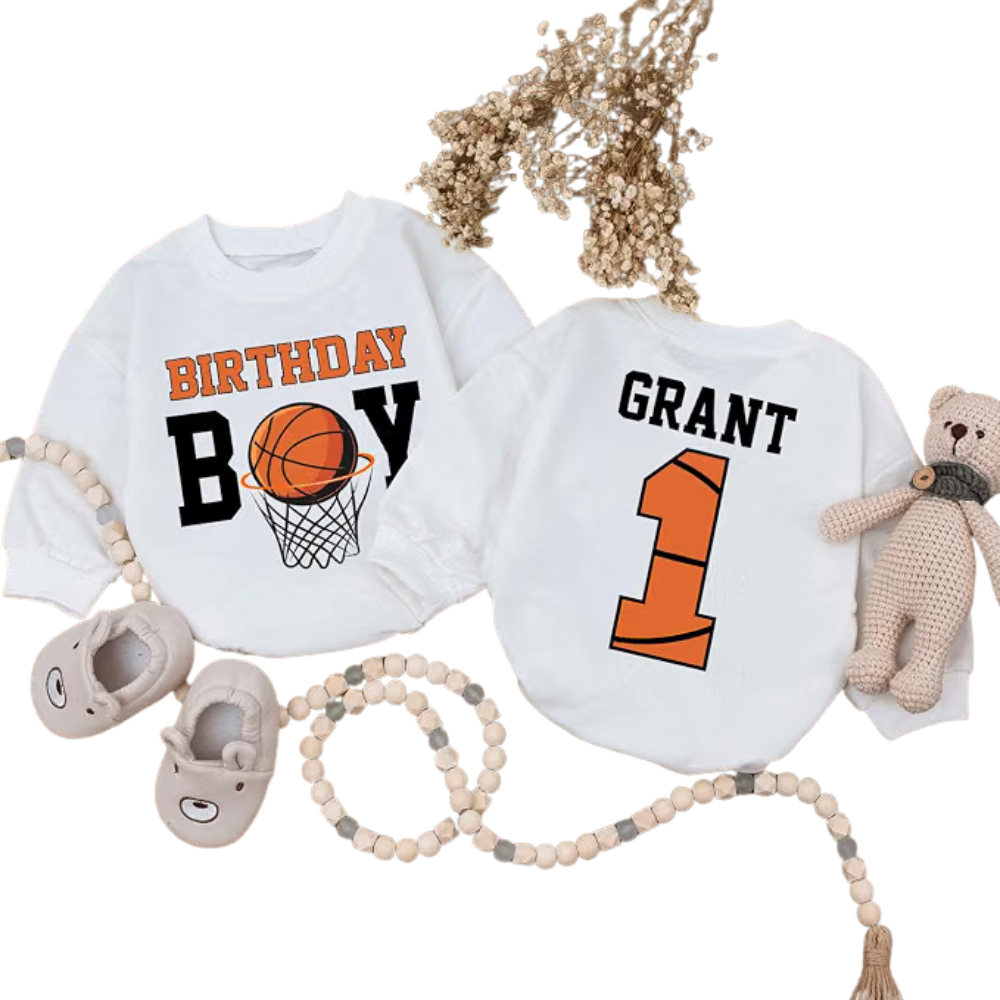 Personalized Basketball Birthday Boy Baby Romper Sweatshirt, Custom Basketball Baby Romper Sweater For First Birthday BB0570