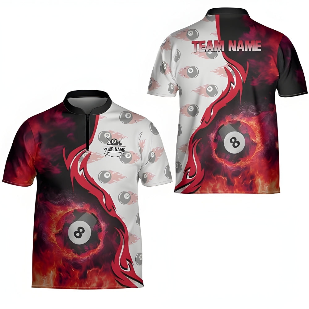 Custom Red Flaming 8 Ball Billiard Jersey For Mens, Custom 8 Ball Flame Billiard Team Shirts BIZ0184
