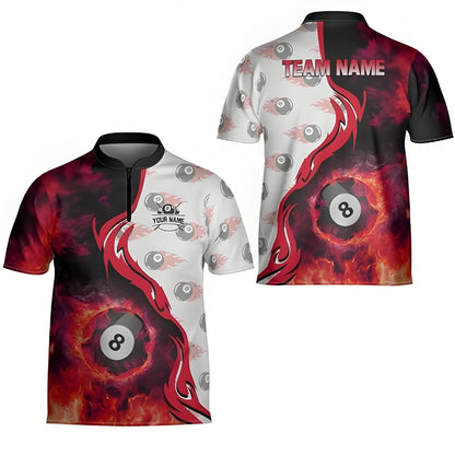 Custom Red Flaming 8 Ball Billiard Jersey For Mens, Custom 8 Ball Flame Billiard Team Shirts BIZ0184