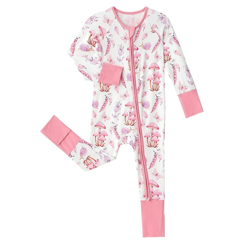 Pink Mushroom Baby Convertible Romper Zipper, Mushroom Baby Girl Romper Convertible BB0875