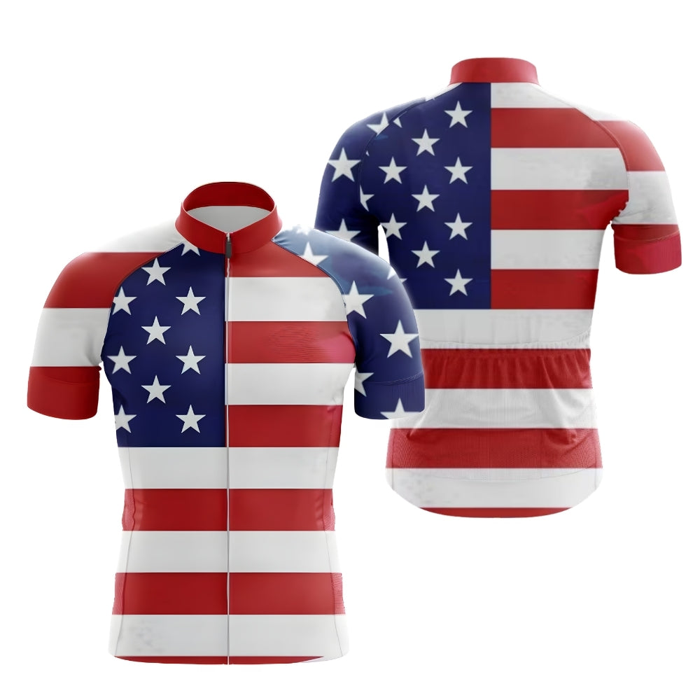 American Flag Men's Cycling Short Sleeve Jersey, Patriotic Cycling Jerseys Mens CE0043