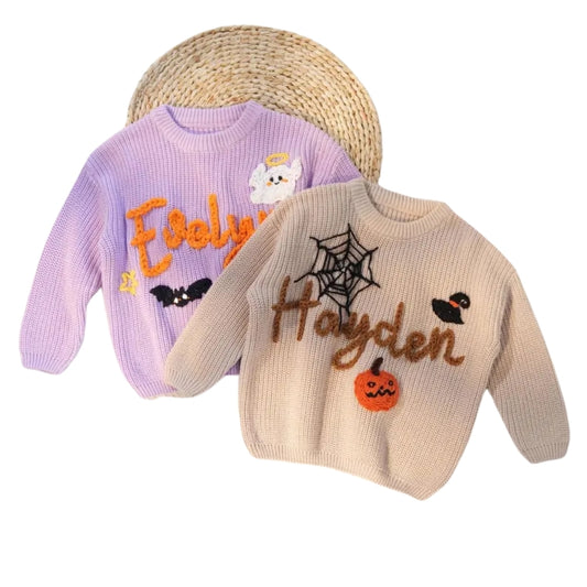 Personalized Halloween Baby Embroidered Knit Sweater, Custom Halloween Baby Sweatshirt BB0788