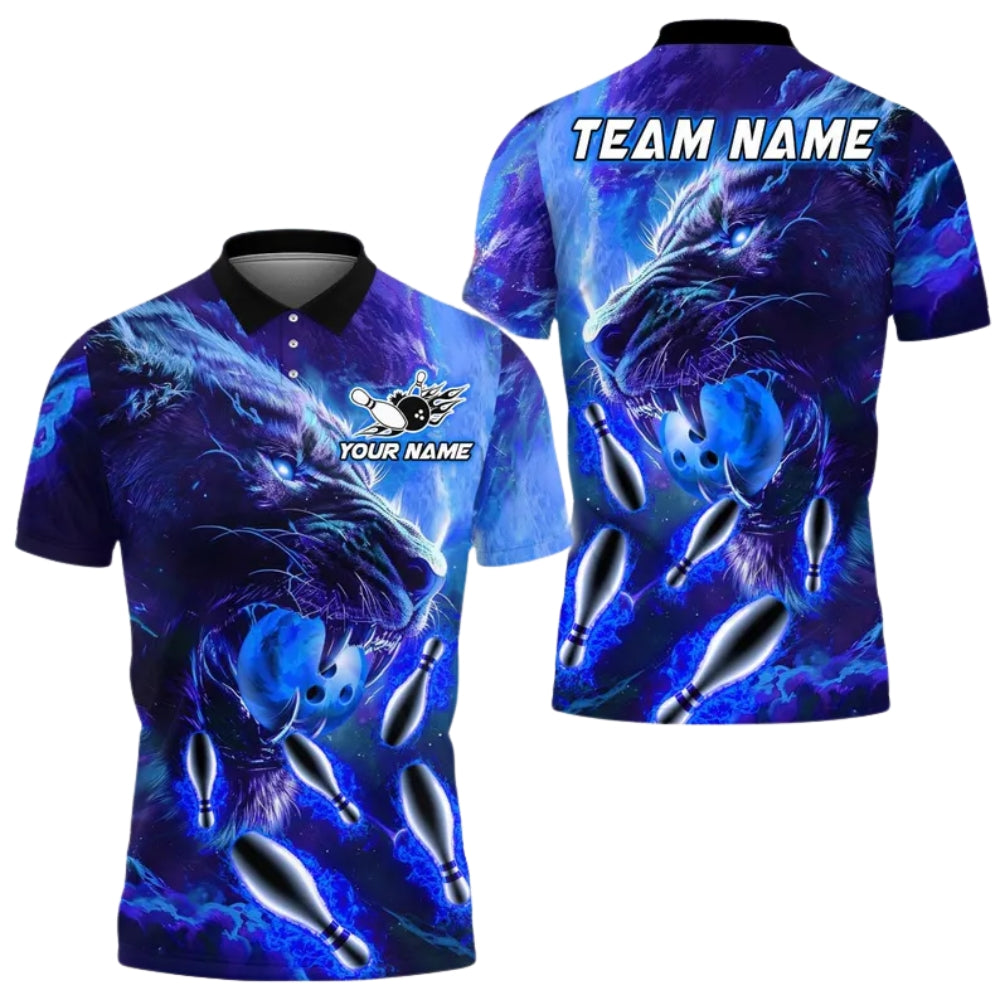 Custom Blue Lion Bowling Polo Shirt Mens, Custom Lion Bowling Team Shirts BE0144