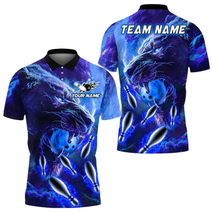 Custom Blue Lion Bowling Polo Shirt Mens, Custom Lion Bowling Team Shirts BE0144